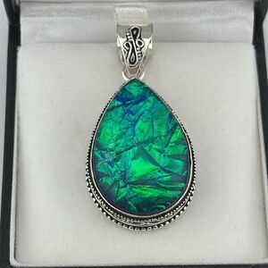 Sterling Silver Teardrop Pendant with Iridescent Green-Blue Inlay